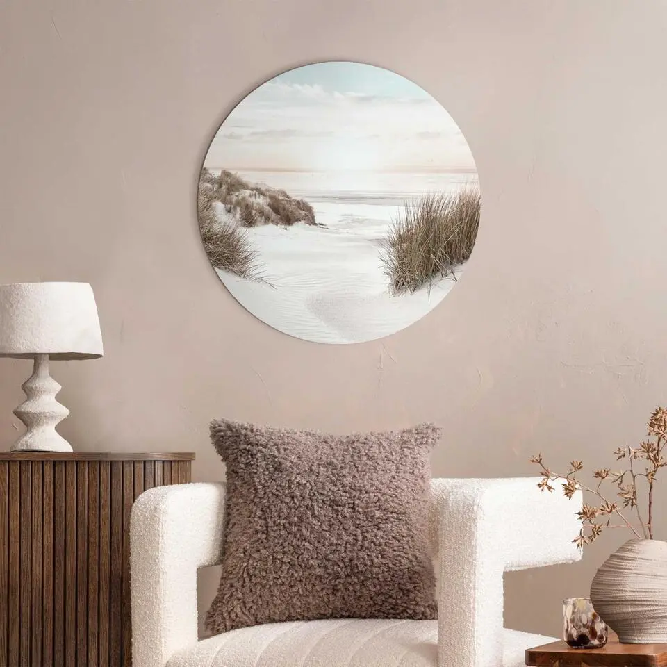 Glasschilderij Horizon aan het strand - Ø 50cm - Beige