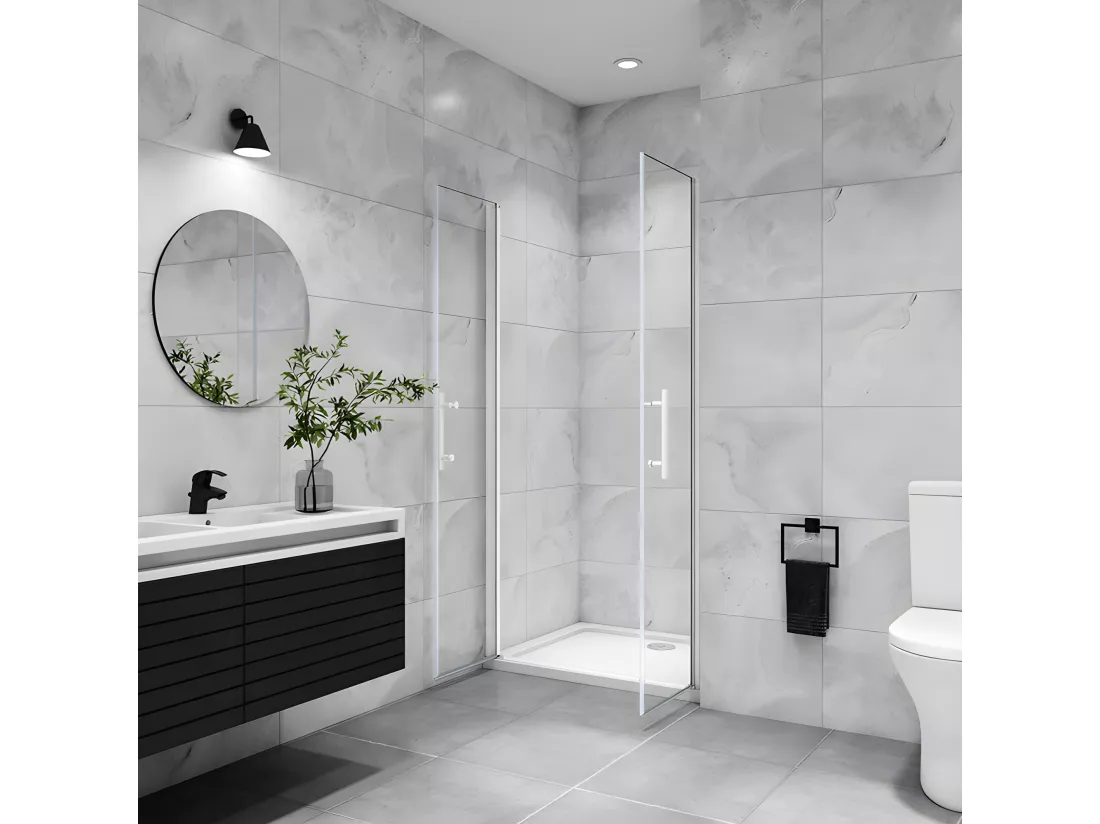 Porte de douche battante 90x180cm profilé blanc en 5mm verre anticalcaire porte de douche Hauteur 180cm Installation en niche