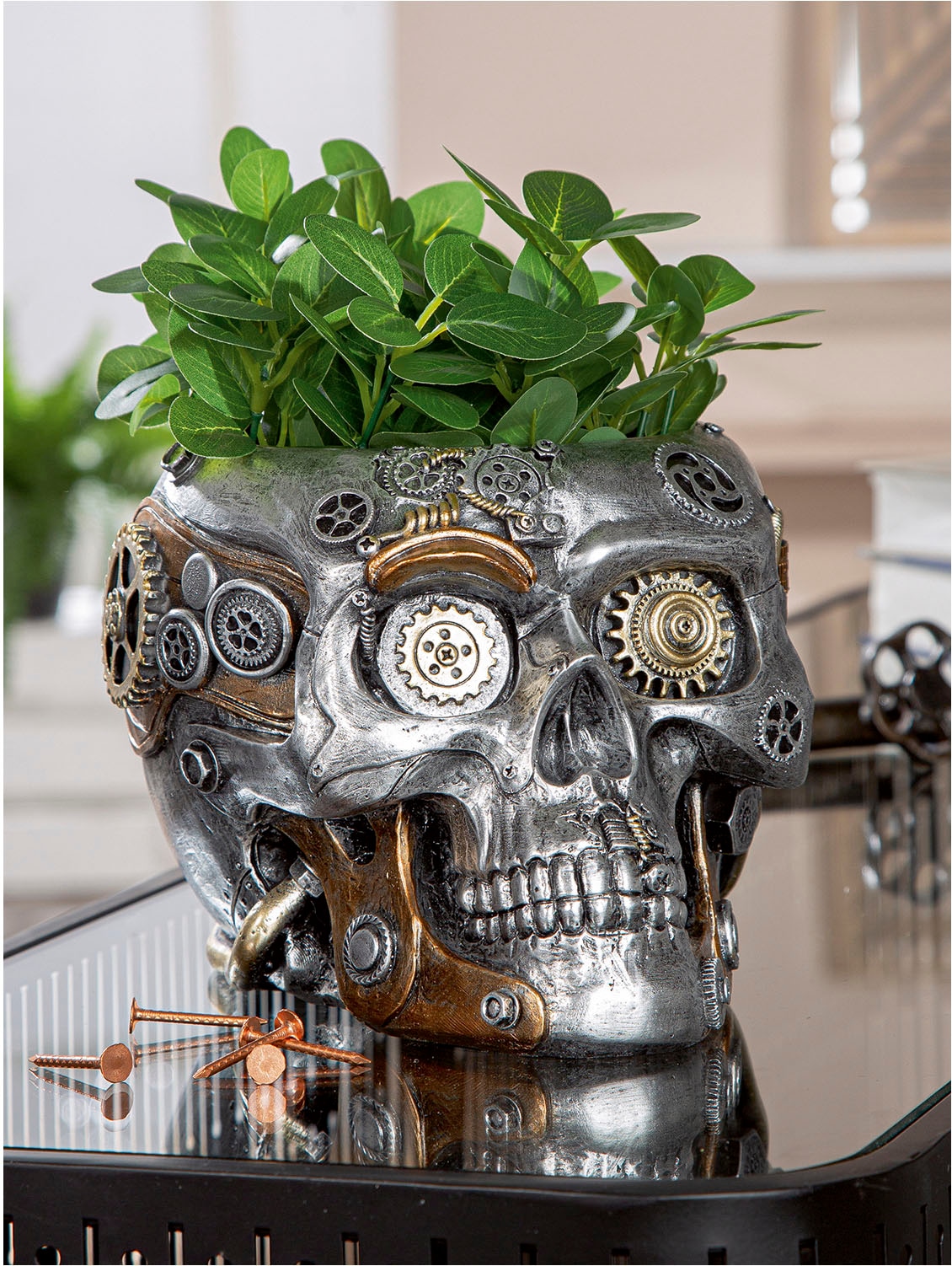 GILDE Übertopf »Übertopf Totenschädel Steampunk Skull planter silberfarben H. 14 cm«