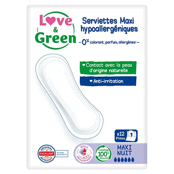 Absorventes higiênicos noturnos hipoalergênicos Love & Green, pacote com 12 unidades.