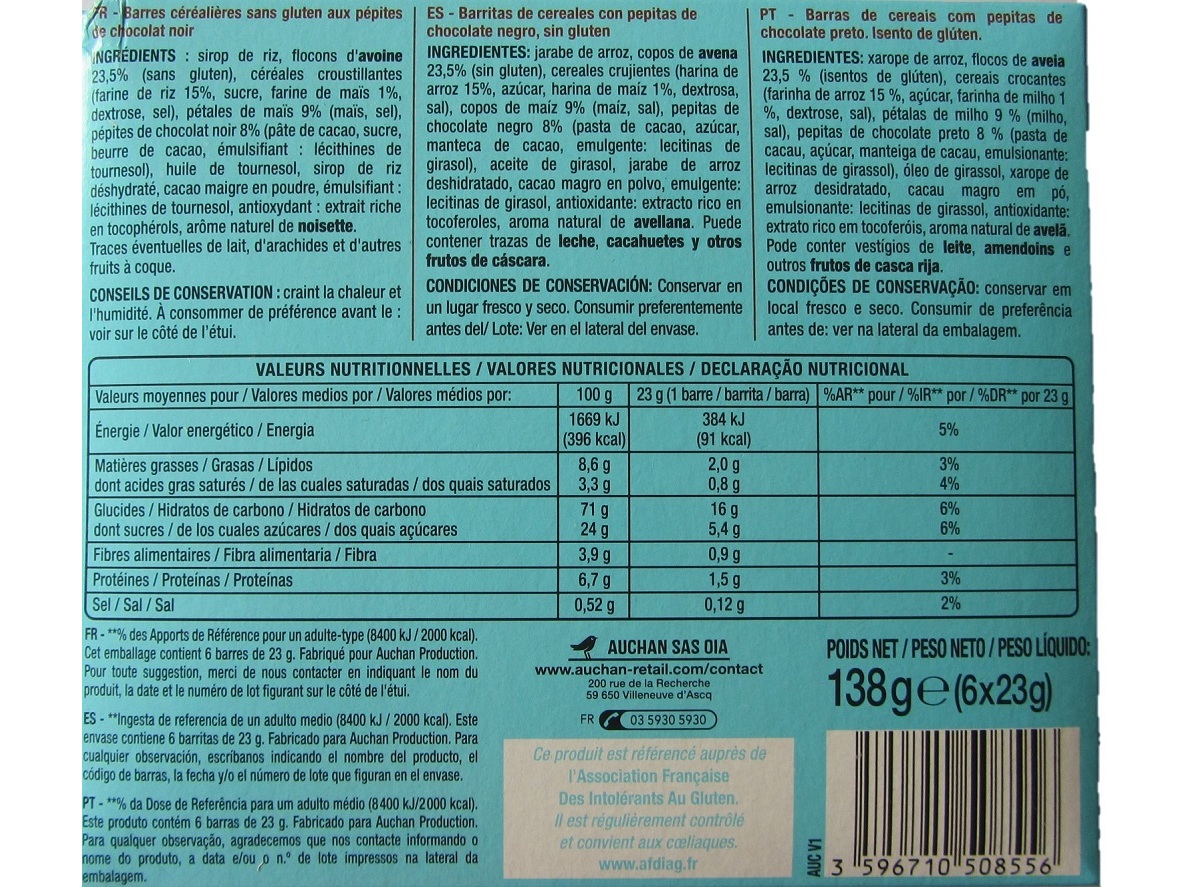 BARRAS DE CEREAIS AUCHAN SEM GLÚTEN CHOCOLATE 6UN 138G