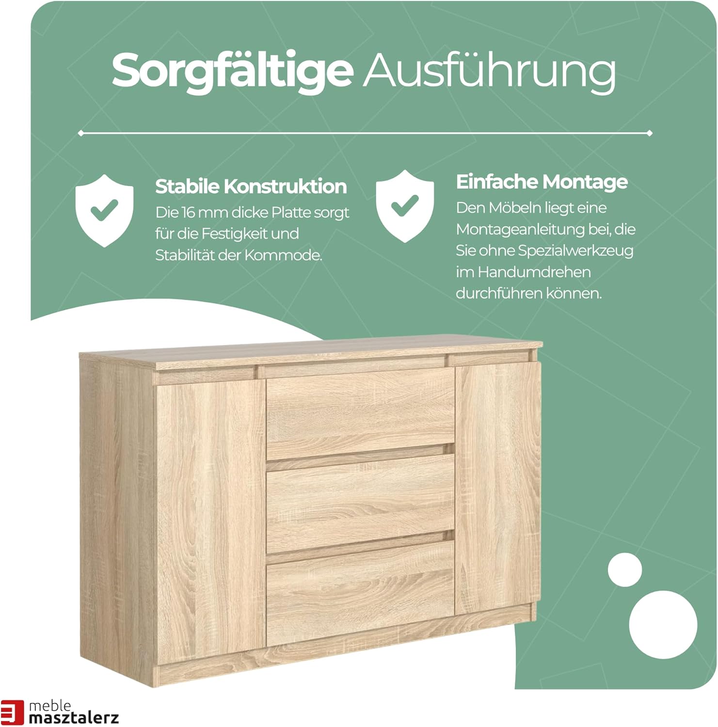 meble masztalerz Kommode 120 cm Breit - Modernes Sideboard - Highboard mit 3 Schubladen - Schubladenschrank - Kommodenschrank für Wohnzimmer, Flur, Schlafzimmer - Sonoma Eiche 120x78,2x39 cm