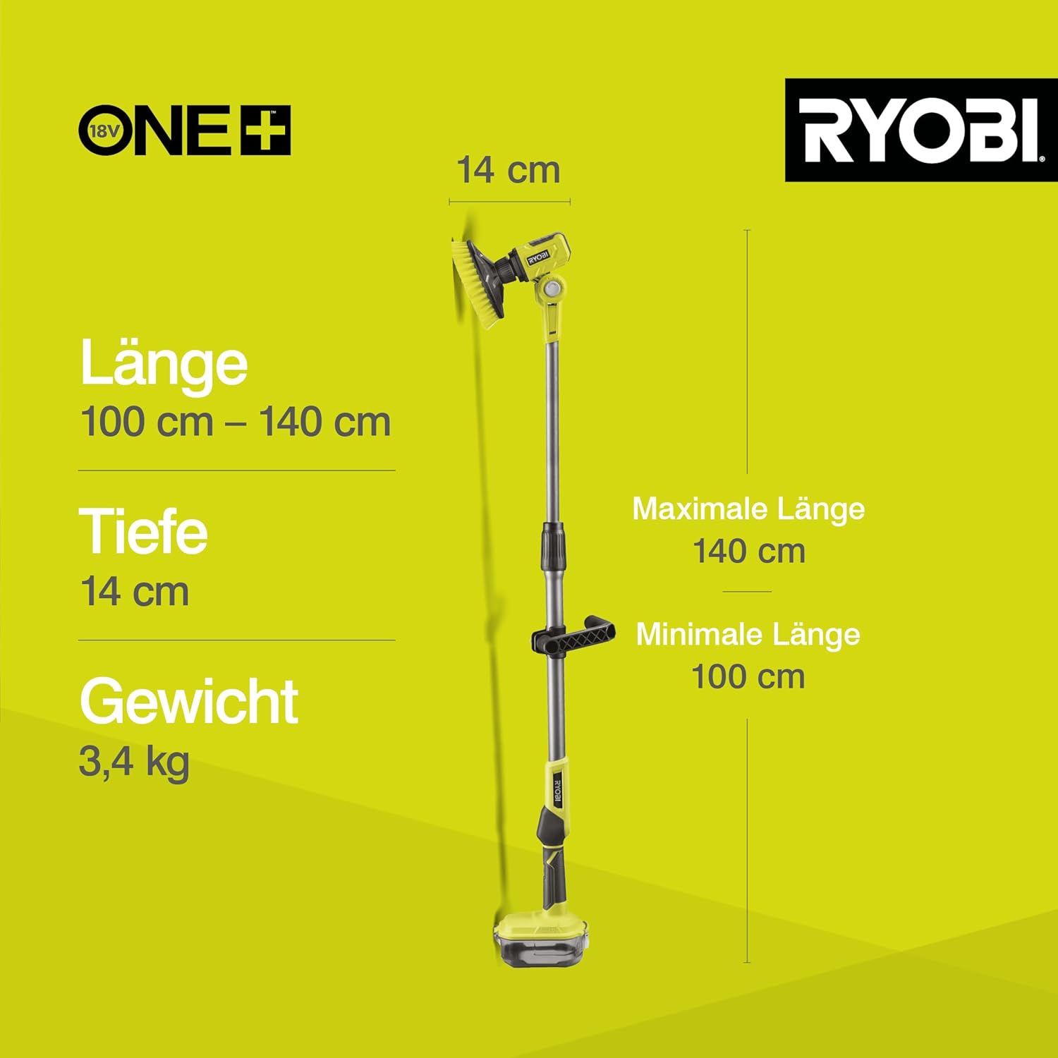18 V ONE+ Akku-Reinigungsbürste R18TPS-0 (15 cm rotierender Borstenkopf, teleskopierbar bis zu 1,4 m, ohne Akku und Ladegerät)