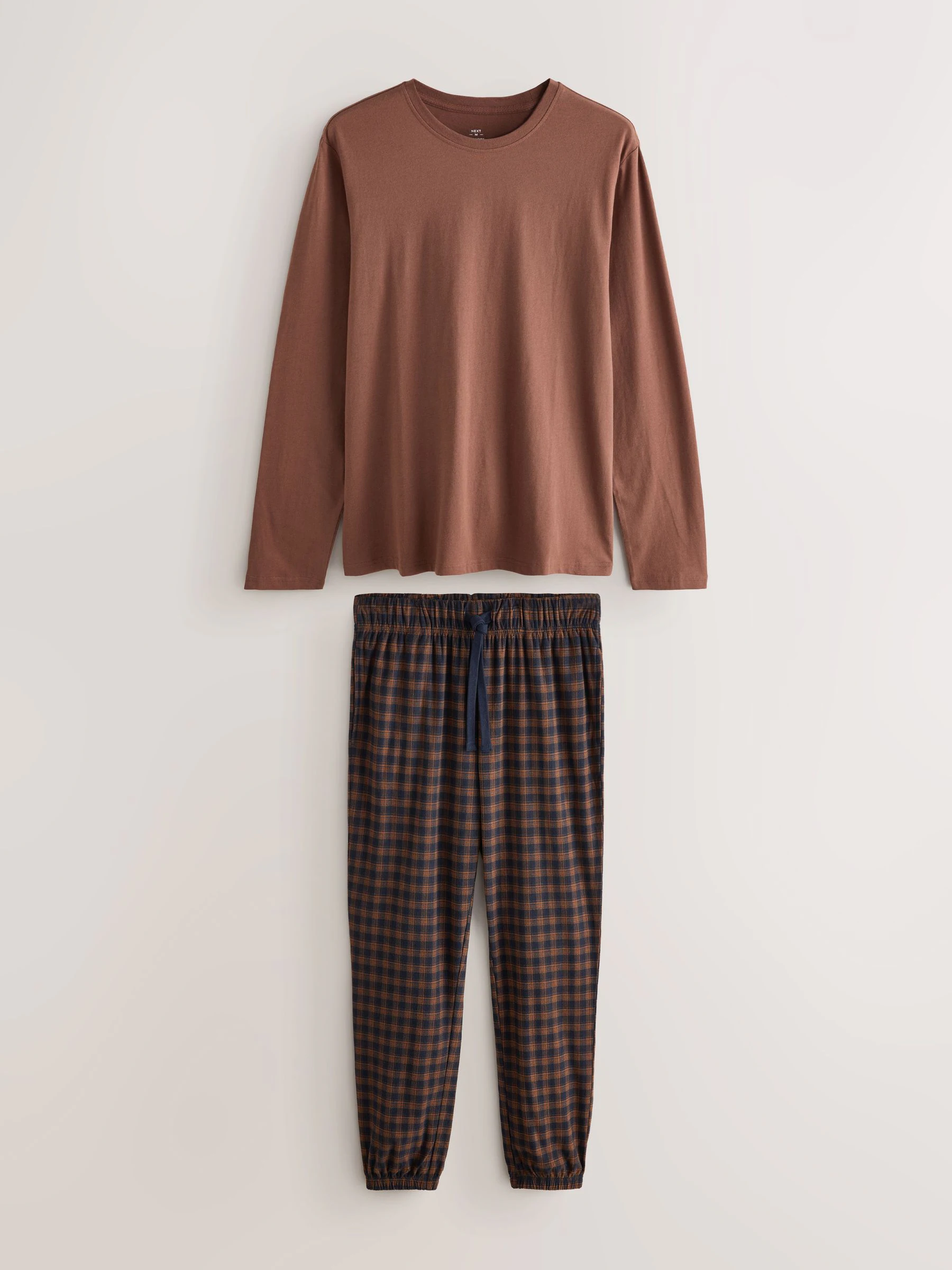 Roestbruin/marineblauw - Ruit Motionflex behaaglijke pyjama met lange mouwen en boorden