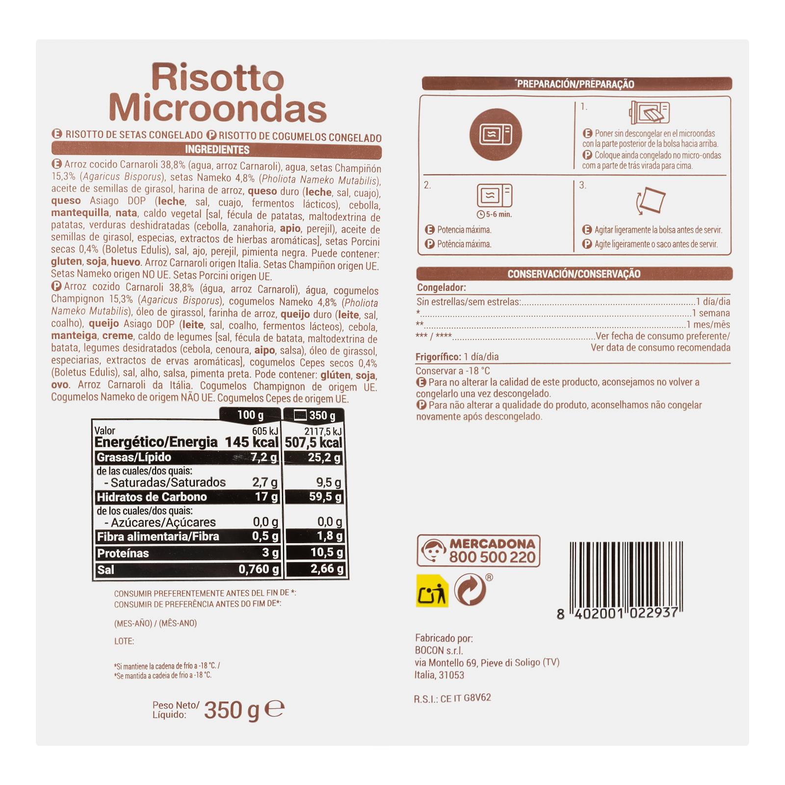 Risotto aux champignons surgelé au micro-ondes Hacendado