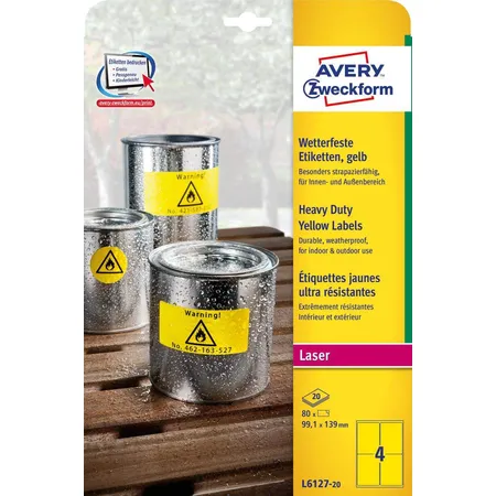 Avery Zweckform L6127-20 Wetterfeste Folien-Etiketten, 99,1 x 139 mm, 20 Bogen/80 Etiketten, gelb
