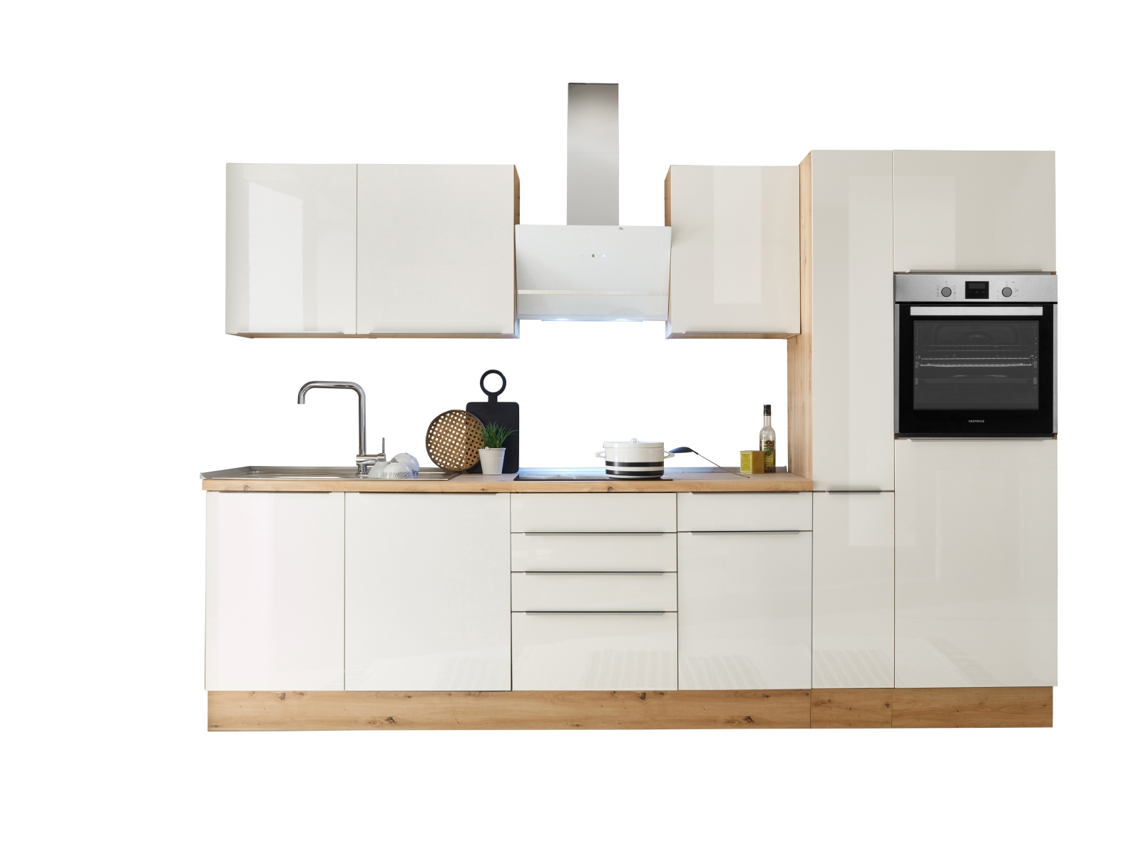 RESPEKTA Küchenblock - weiß Hochglanz-Artisan Eiche Sägerau - mit E-Geräten - 310 cm