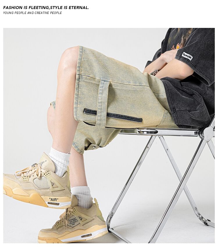 AXEN - High Waist Washed Wide Leg Denim Shorts