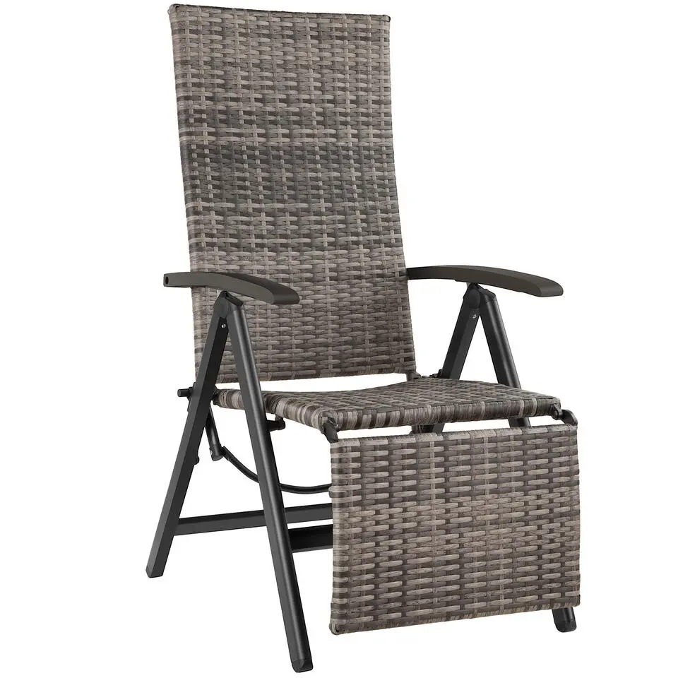 tectake Wicker tuinstoel opklapbaar met aluminium frame en voetsteun, Grijs