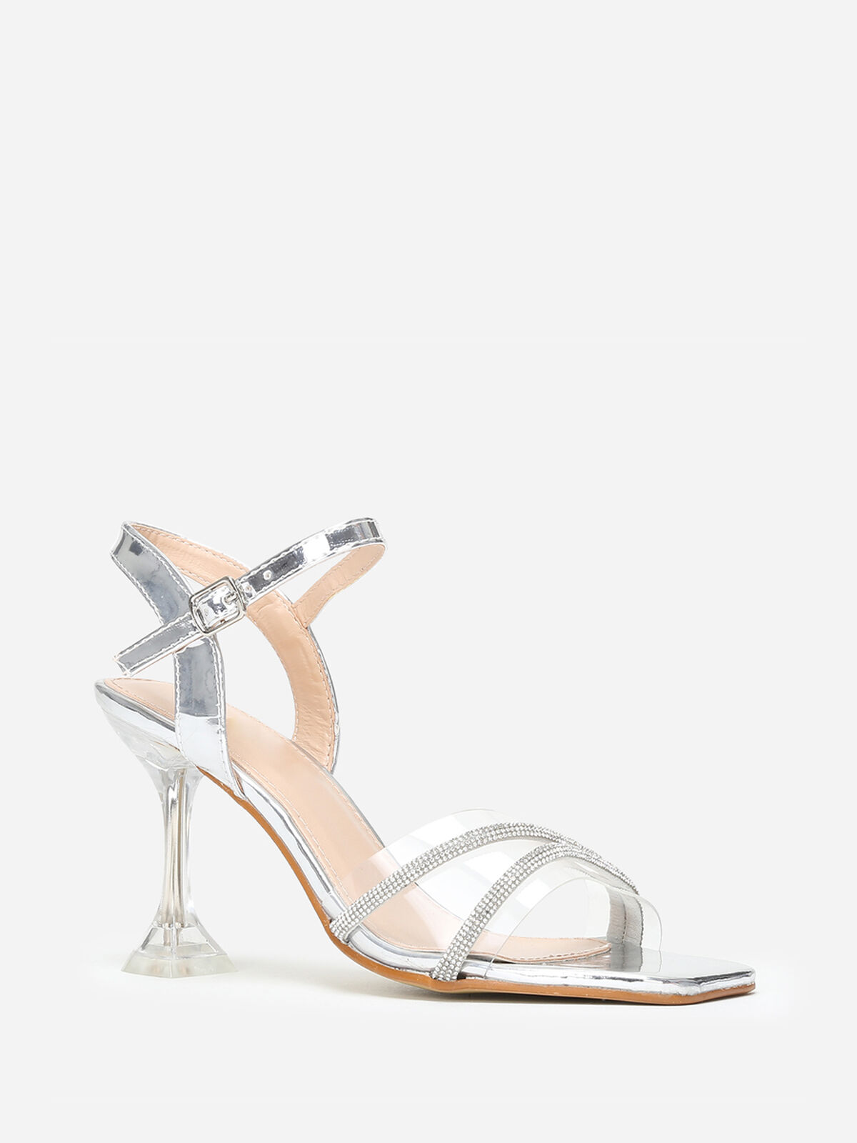 Sandales à strass avec talon bobine- Argenté