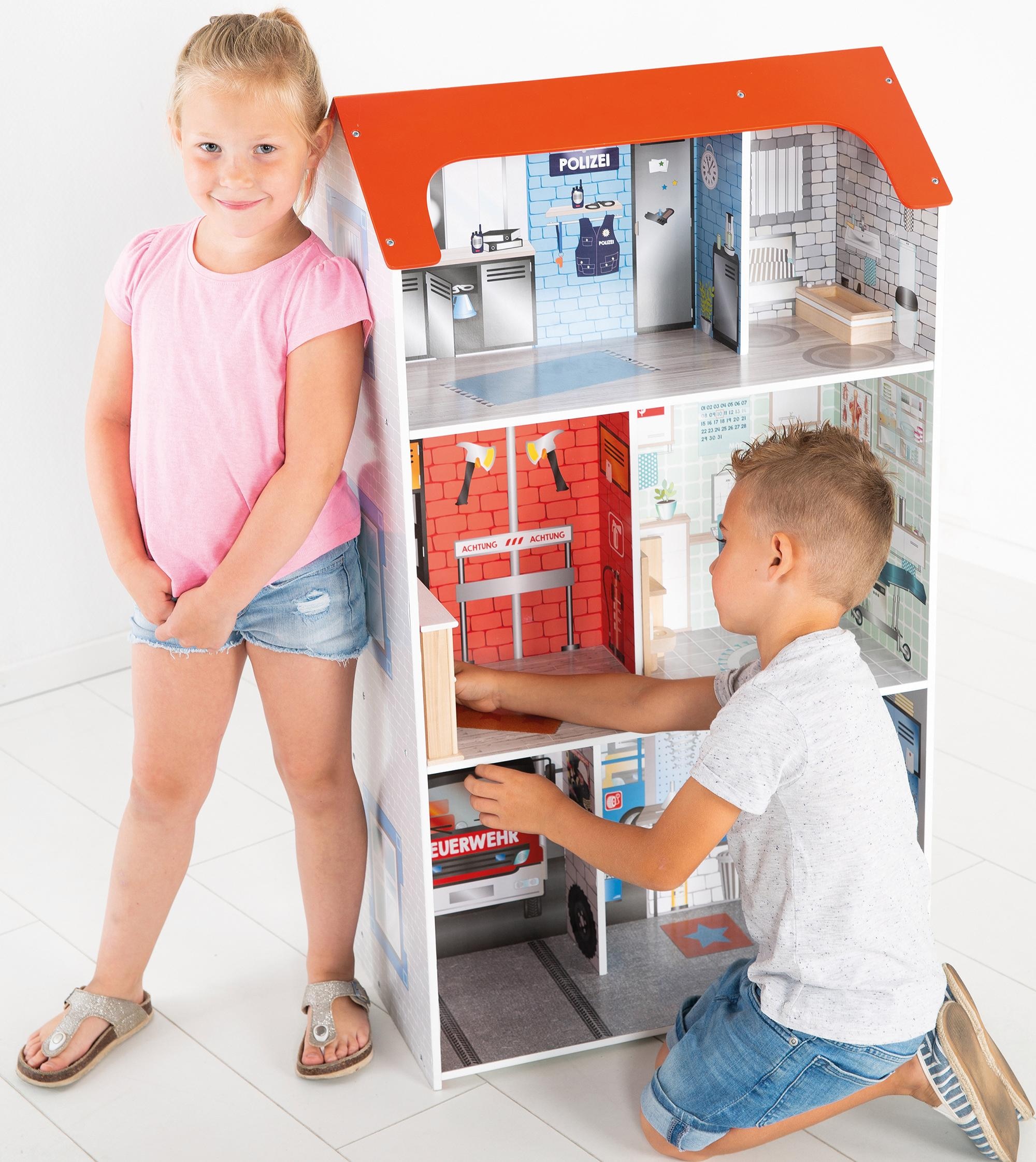 roba® Spielküche »2-in-1, Feuerwehr« mit mehrstöckigem Puppenhaus