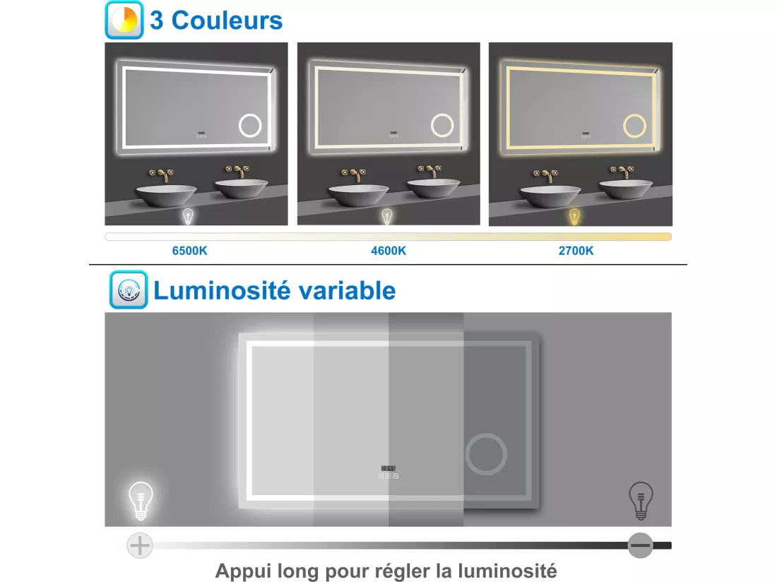 Miroir Lumineux avec Bluetooth 100 x 60cm, Horloge + 3 Couleurs + Dimmable + Anti-buée + grossissant 3x，Mural Miroir Salle de Bain