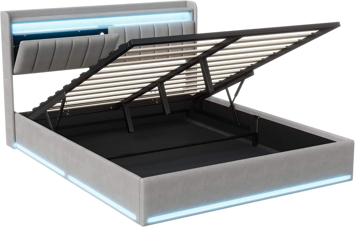 Polsterbett 160x200 cm,Doppelbett mit LED-Beleuchtung und Aufladen USB,Stauraumbetten mit Stauraum Kopfteil und Lattenrost,Jugendbett Stauraumbett Bettgestell,Bett mit Lattenrost (Grau, 160 x 200cm)