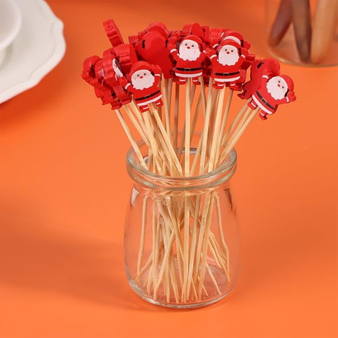 (100er Set) Cocktail Sticks Fingerfood Party Spiesse Deko Zahnstocher für Weihnachten / Winter - Santa Clause
