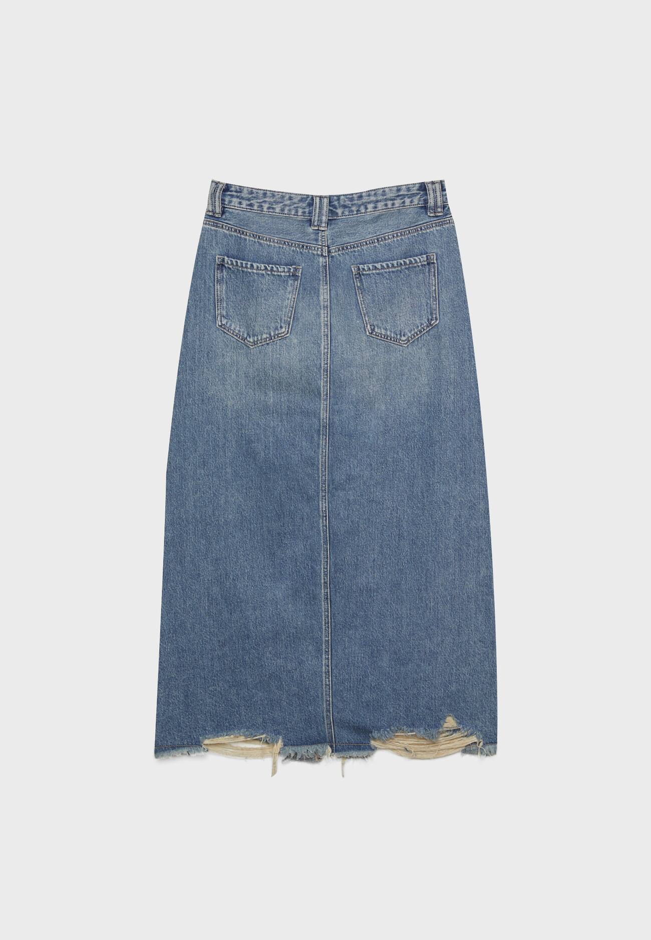 Saia jeans longa com costura frontal