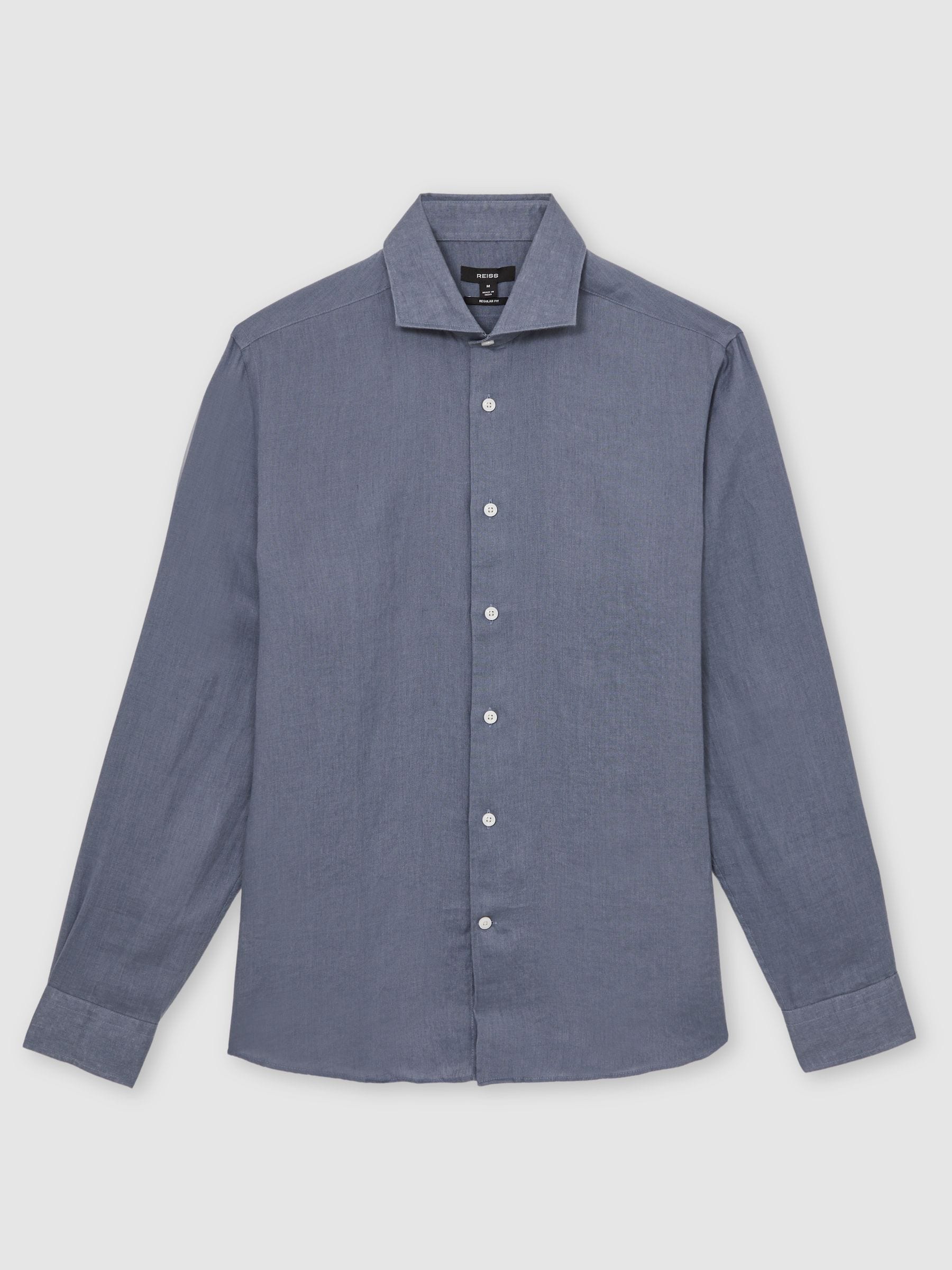 Airforce blauw - Reiss Ruban overhemd van linnen met knopen