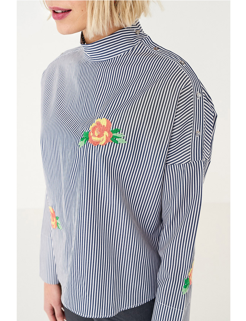 Open Shoulder Striped Blue Shirt