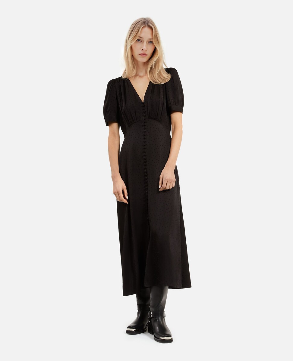 THE KOOPLES<br>Vestido midi com decote em V, mangas curtas e estampa de poá jacquard