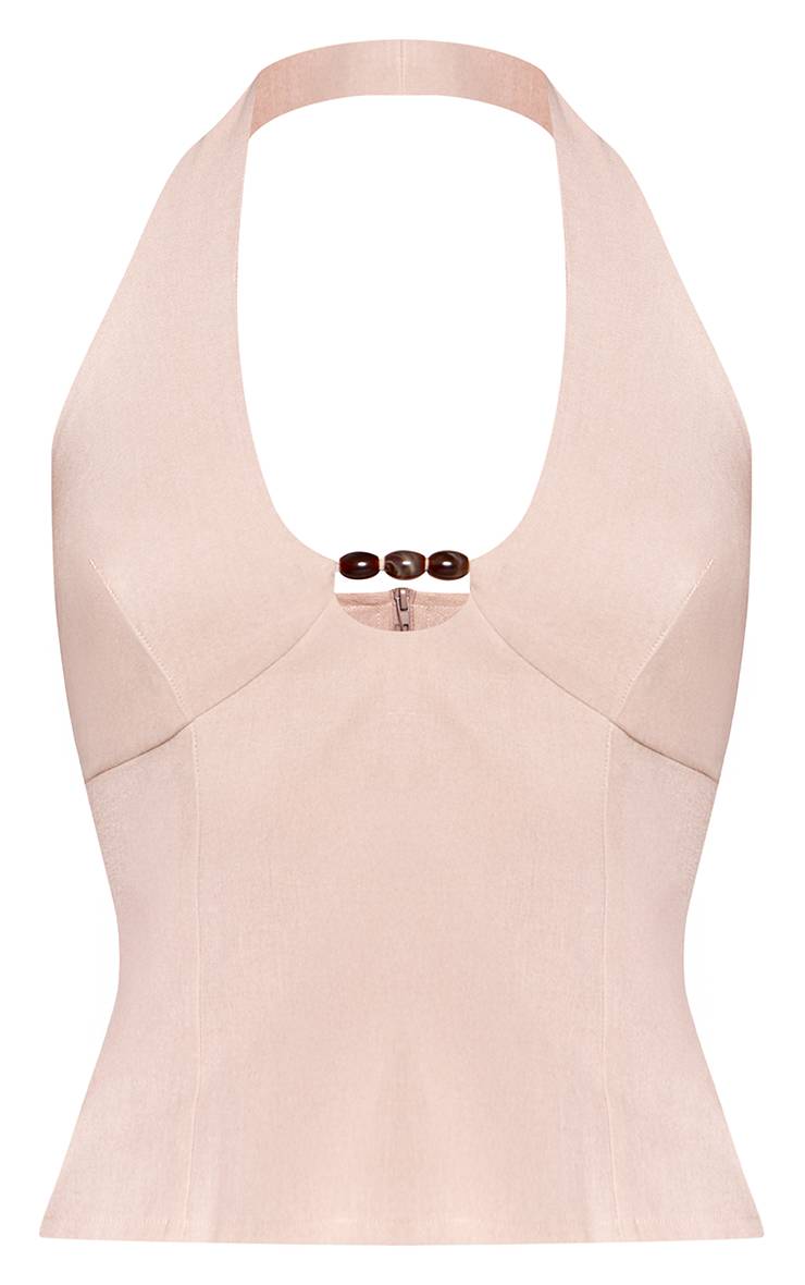 Beige Top Court Taupe Effet Lin Avec Détail Perlé Et Col Licou - Ensemble Coordonné
