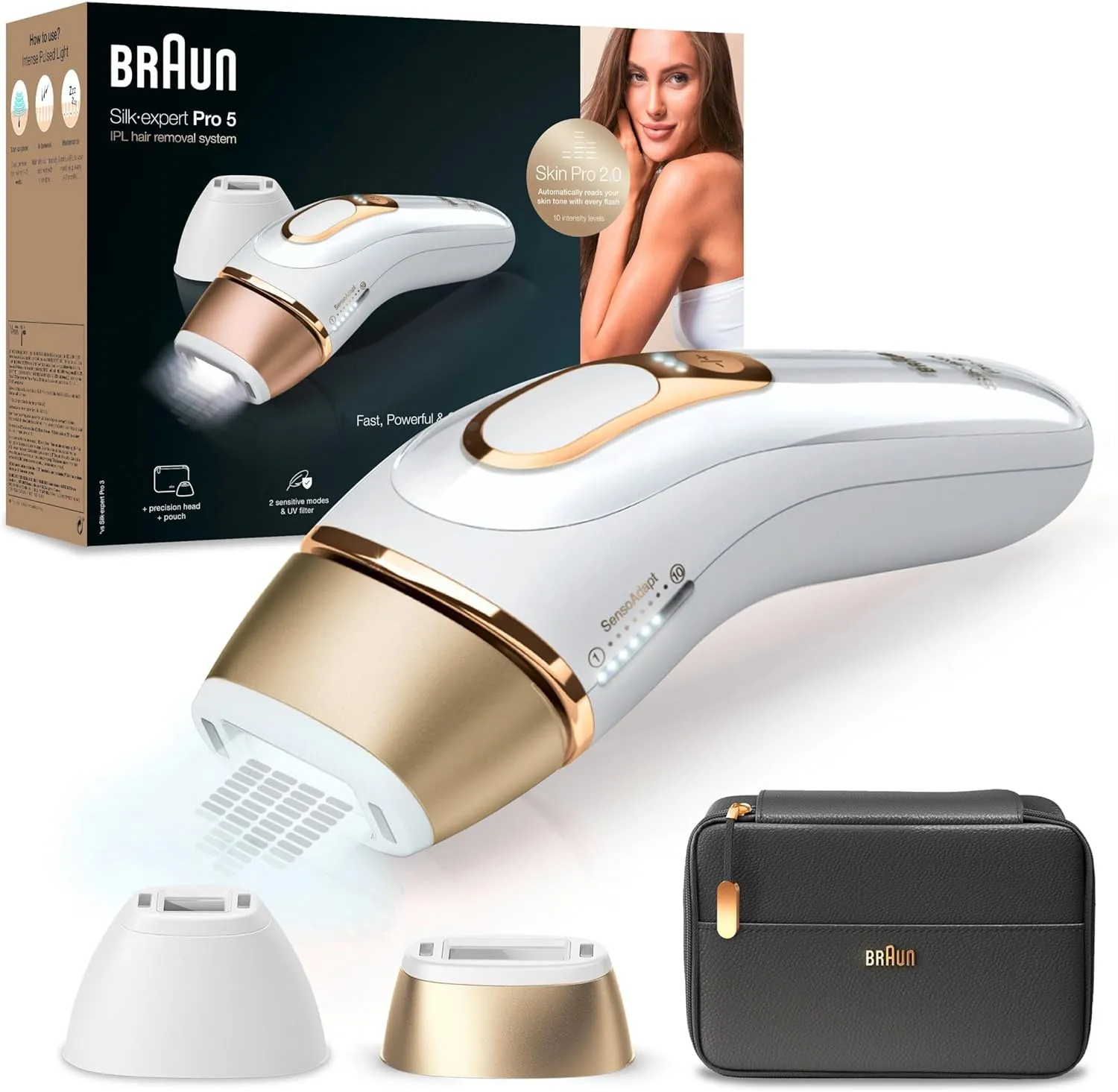 Braun IPL Silk Expert Pro 5 Haarentfernungsgerät Damen/Herren, 2 Aufsätze, sichtbare Haarentfernung, Designed In Germany, Alternative zu Laser Haarentfernung, PL5140, weiß/gold