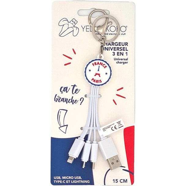 Câble téléphone portable Yello Koko Andy USBA -USBC/Micro/Light 15cm FR #Paris blanc