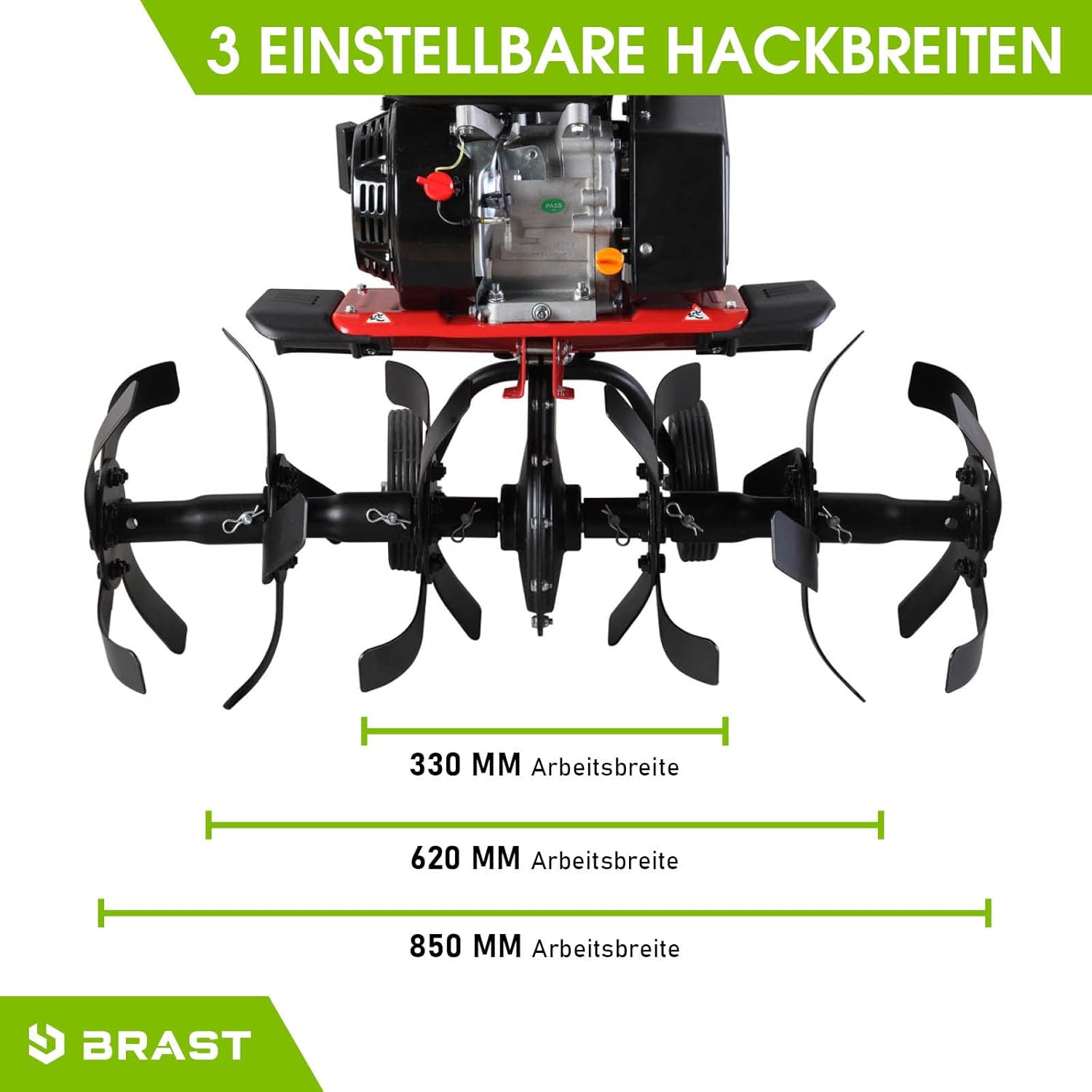 BRAST Motorhacke Gartenfräse Benzin | 1,9kW(2,6PS)-5,15kW(7PS) | 25-85cm Arbeitsbreite | 6 Modelle | Stahlrahmen Transportrad & kabellos | für kleine bis sehr große Grundstücke | BRB-AF-6000