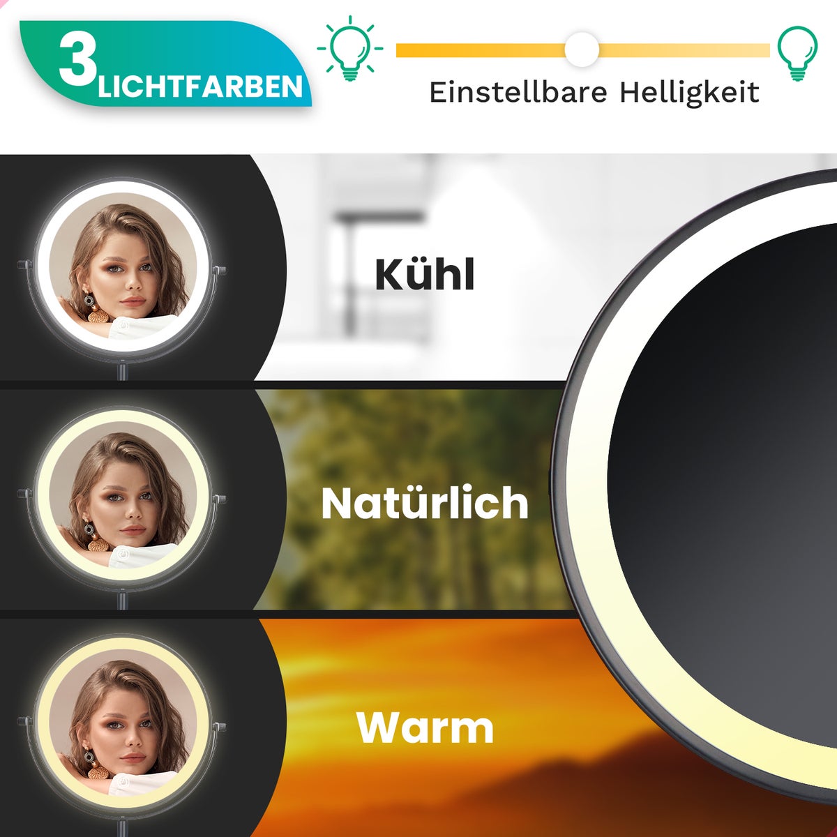 Mirlux cosmeticaspiegel met LED-verlichting, 5x vergroting, rond, 3 lichtstanden, zwart, op batterijen