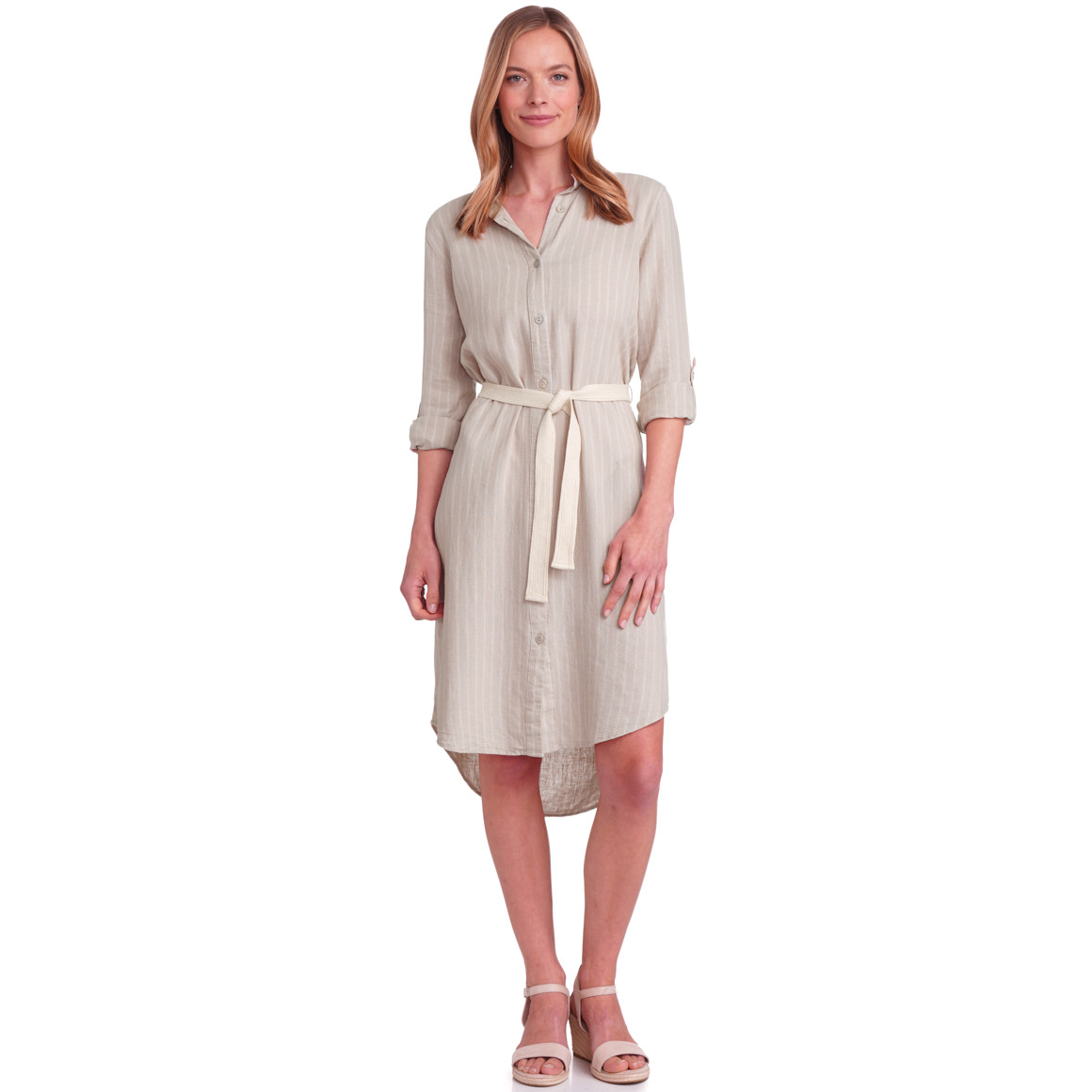 Gina Benotti Damen Leinen-Kleid mit Bindegürtel beige