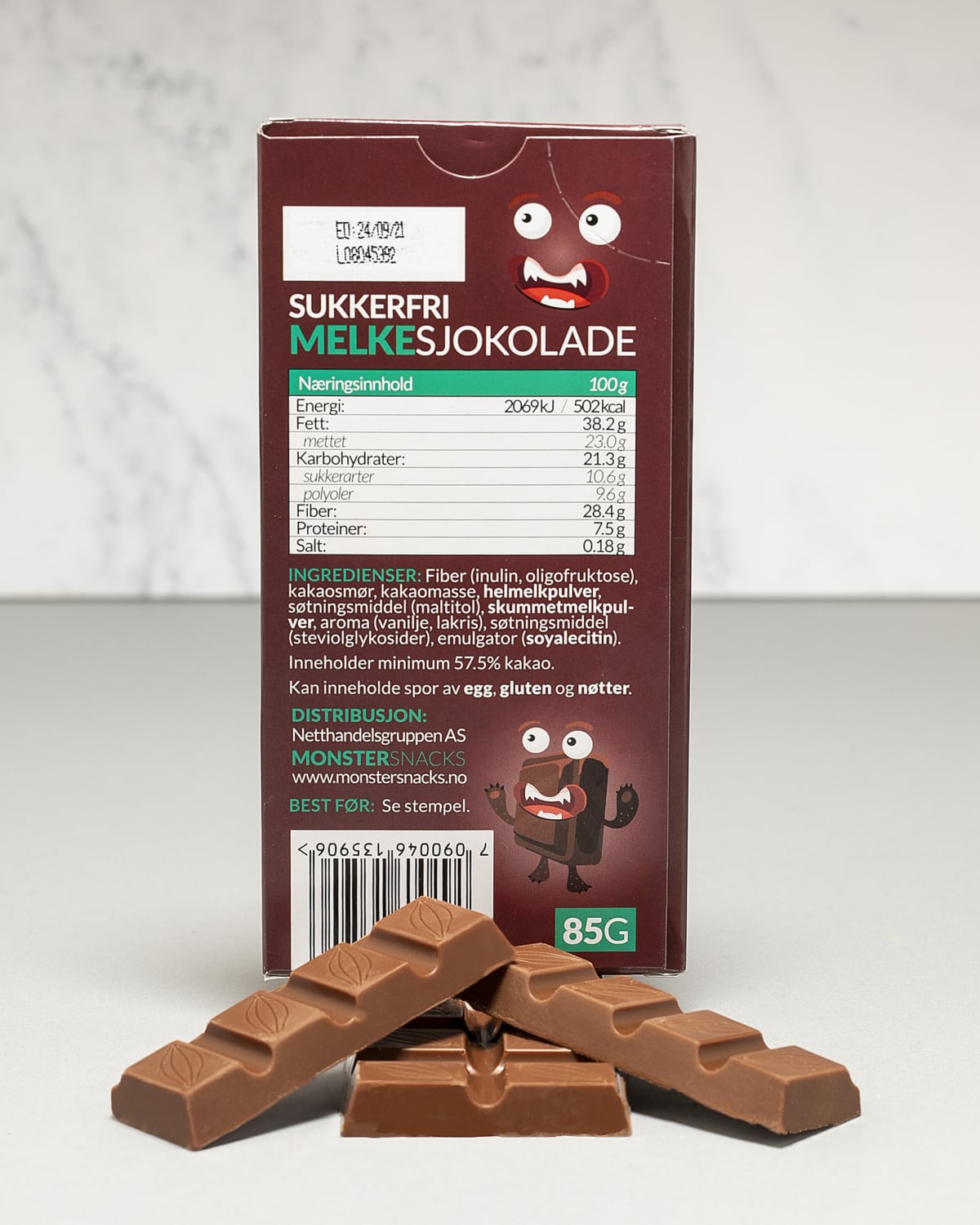 Monster Sukkerfri Belgisk Stevia Melkesjokolade - Lakris - PAKKETILBUD 12x85g - DATODEAL!