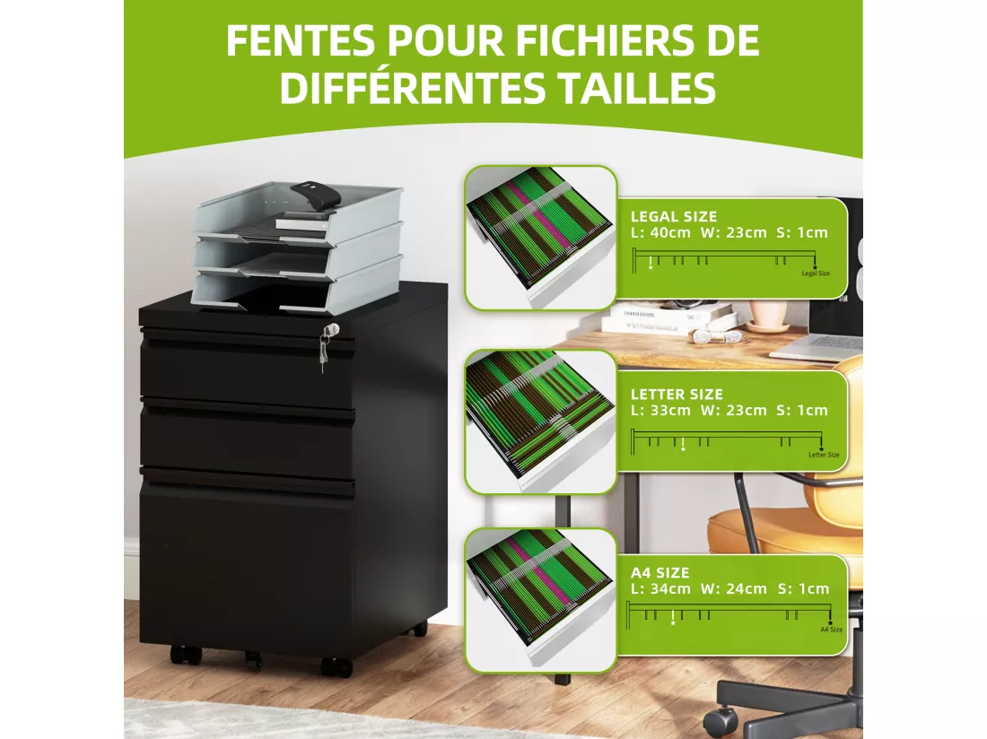 Caisson de Bureau - 3 Tiroirs Métal Caisson de Rangement - Meuble de Bureau avec roulettes pour Dossiers Suspendus - Noir - 46 x 39 x 62cm