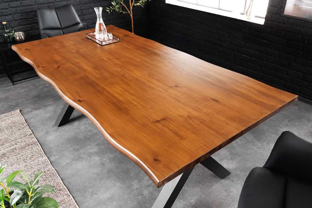 Massiver Esstisch GENESIS 200cm braun Akazienholz schwarz X-Gestell Baumkante