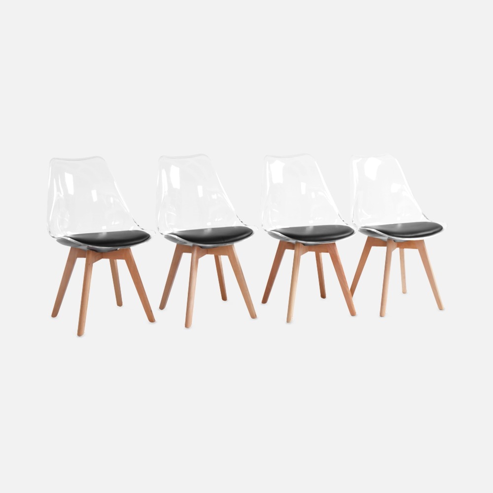 Lot de 4 chaises scandinaves - lagertha - pieds bois. Fauteuils 1 place. Coussin noir. Coque transparente