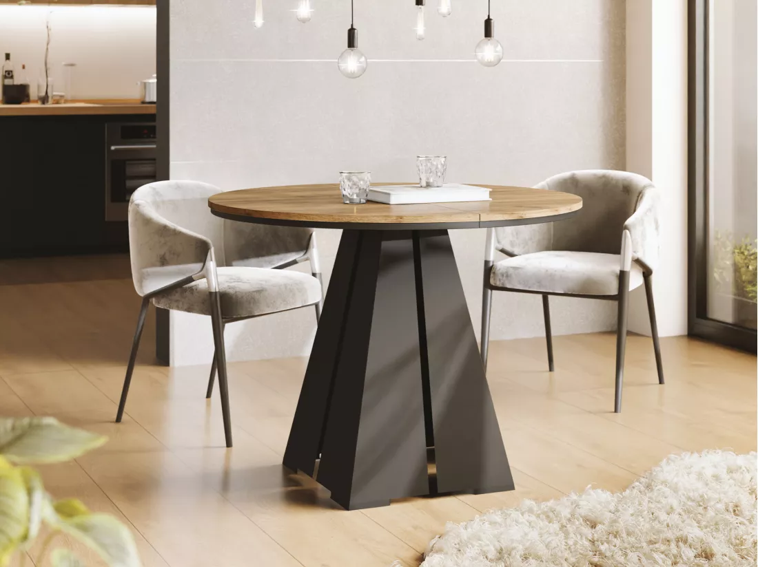 Table à Manger Ronde Extensible Avec Piètement Métallique Noir - Table Industrielle Moderne Pour Salle à Manger Ou Cuisine - 120 Cm à 200 Cm - Fabriqué En Ue - Chên