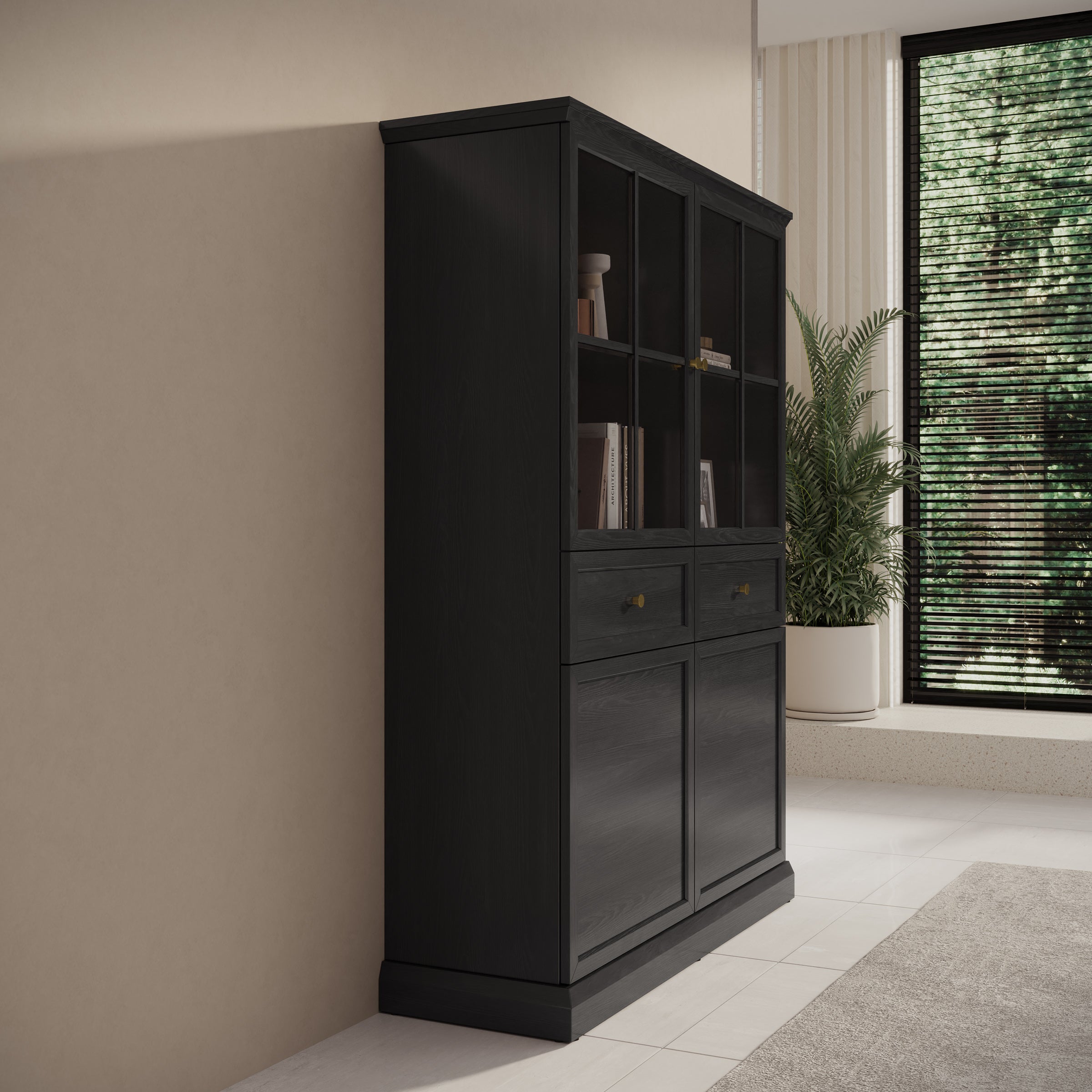 Meubella - Vitrinekast Leroy - Zwart eiken - 114 cm