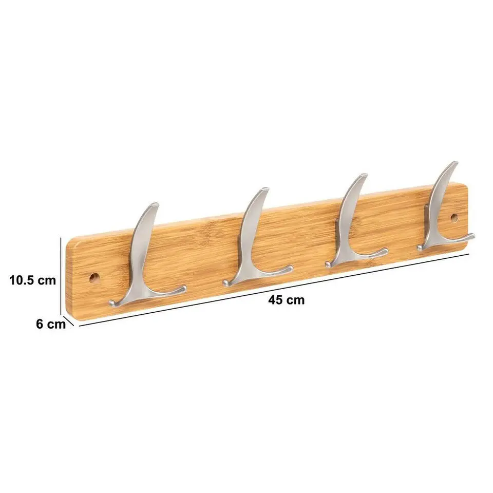 5Five Kapstok - 4 ophang haken - RVS - naturel/zilver - 45 x 10cm