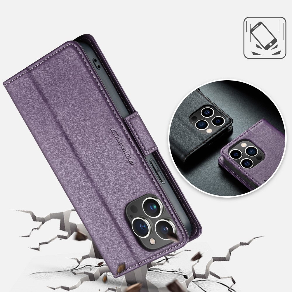iPhone 14 Pro Max Leder Tasche Flip Wallet Etui mit Kartenfächern Litchi Look (RFID Schutz) - Violett