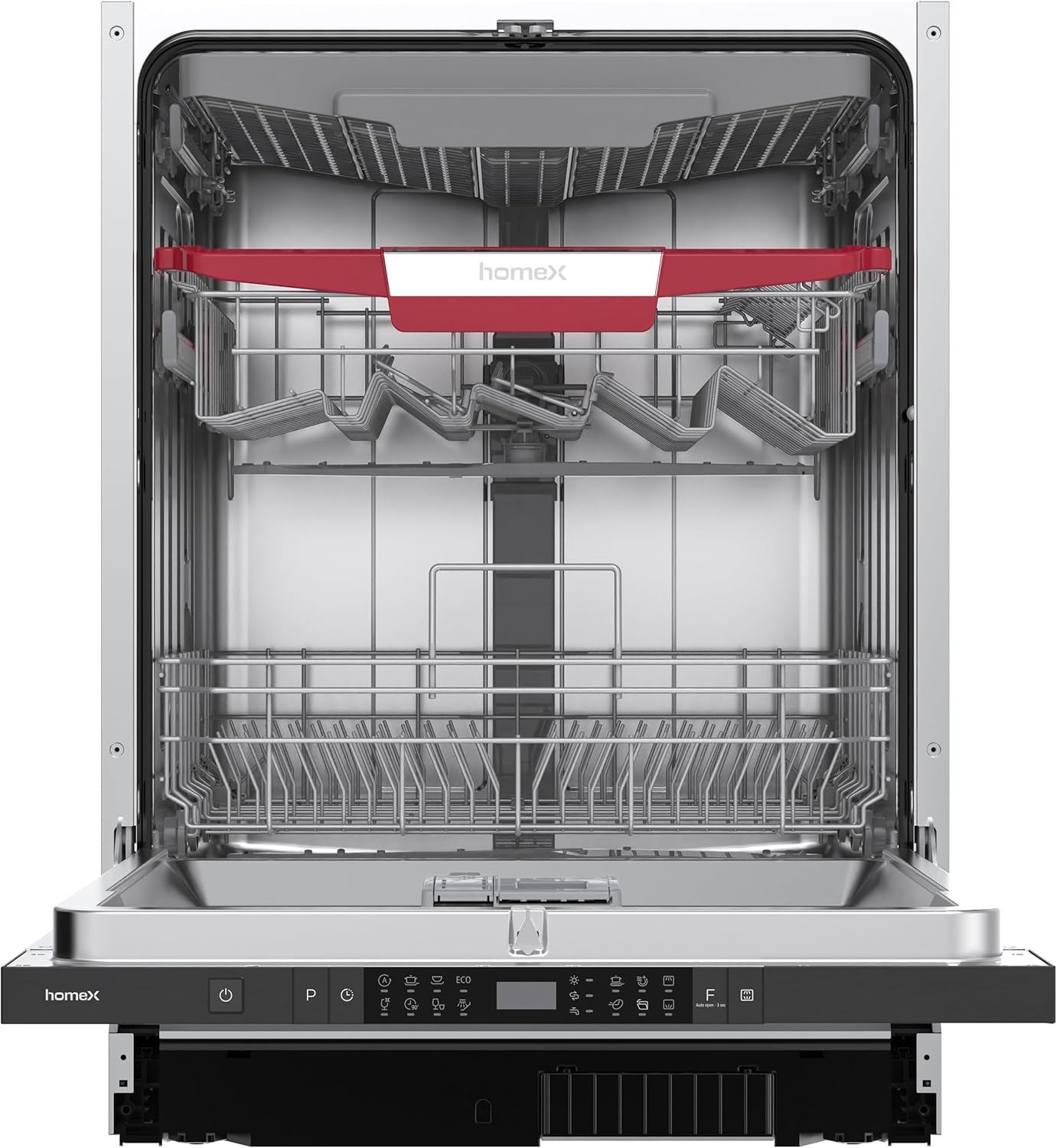 homeX Geschirrspüler 60 cm, Spülmaschine vollintegrierbar - 14 Maßgedecke, 8 Programme, AquaStop, Besteckschublade, 44 dB, Bodenlicht, Automatische Türöffnung, Einbaugeschirrspüler vollintegriert