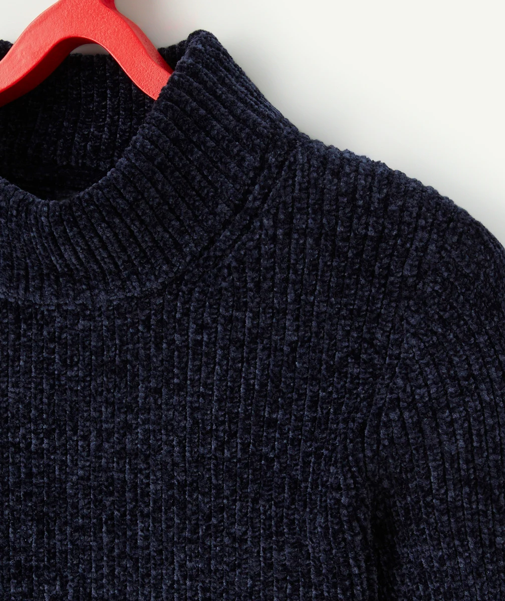 PULL MANCHES LONGUES FILLE EN MAILLE CHENILLE BLEU