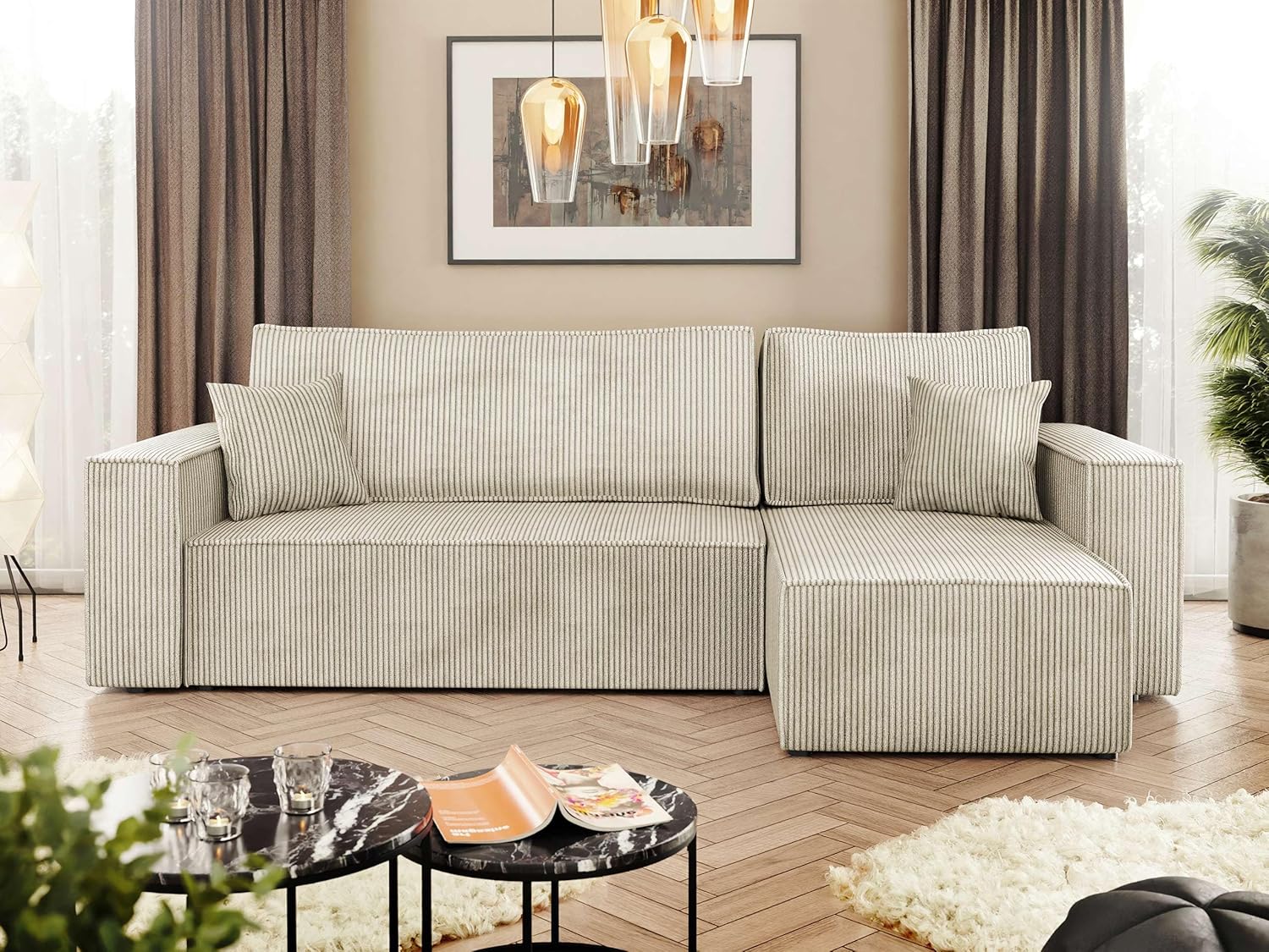 Mirjan24 Ecksofa Kobaro Cord Sofa Eckcouch Couch mit Schlaffunktion und Bettkasten Ottomane Universal, L-Form Couch Schlafsofa Bettsofa Farbauswahl (Poso 100)