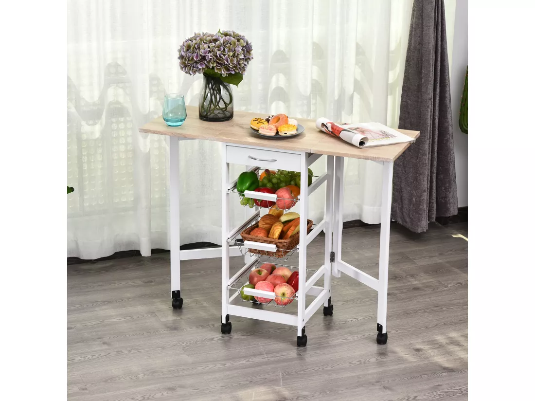 Chariot de service desserte de cuisine à roulettes multi-rangements 3 paniers métal + tiroir + rallonges MDF blanc chêne clair
