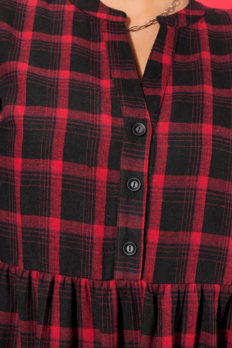 Midi-Flanellkleid, Karo, Tunika-Ausschnitt, Langarm