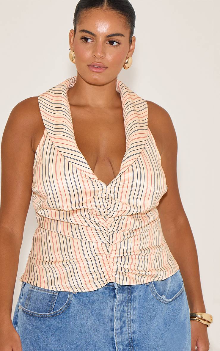 Beige Top Grande Taille Sans Manches À Rayures Plongeant Froncé