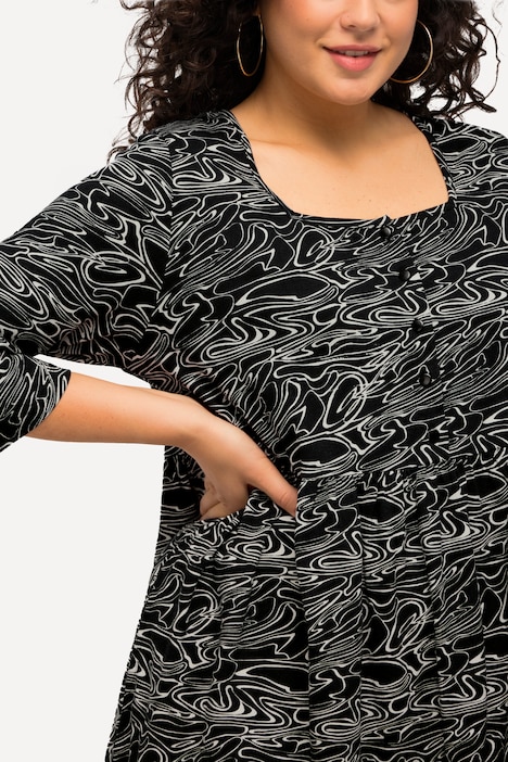 Jerseykleid, Wellen, A-Linie, Carree-Ausschnitt, 3/4-Arm