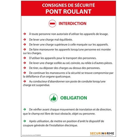 Panneau - Consignes sécurité pont roulant - NF EN 15011