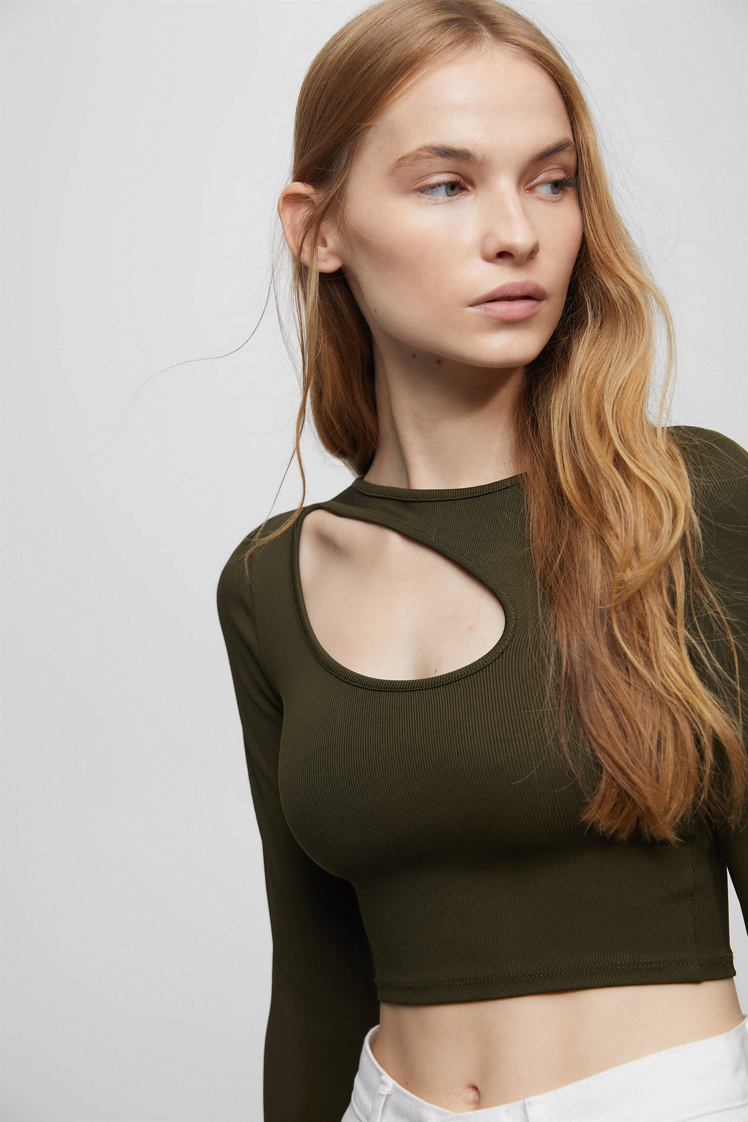 Blusa de manga comprida com recortes - cáqui médio