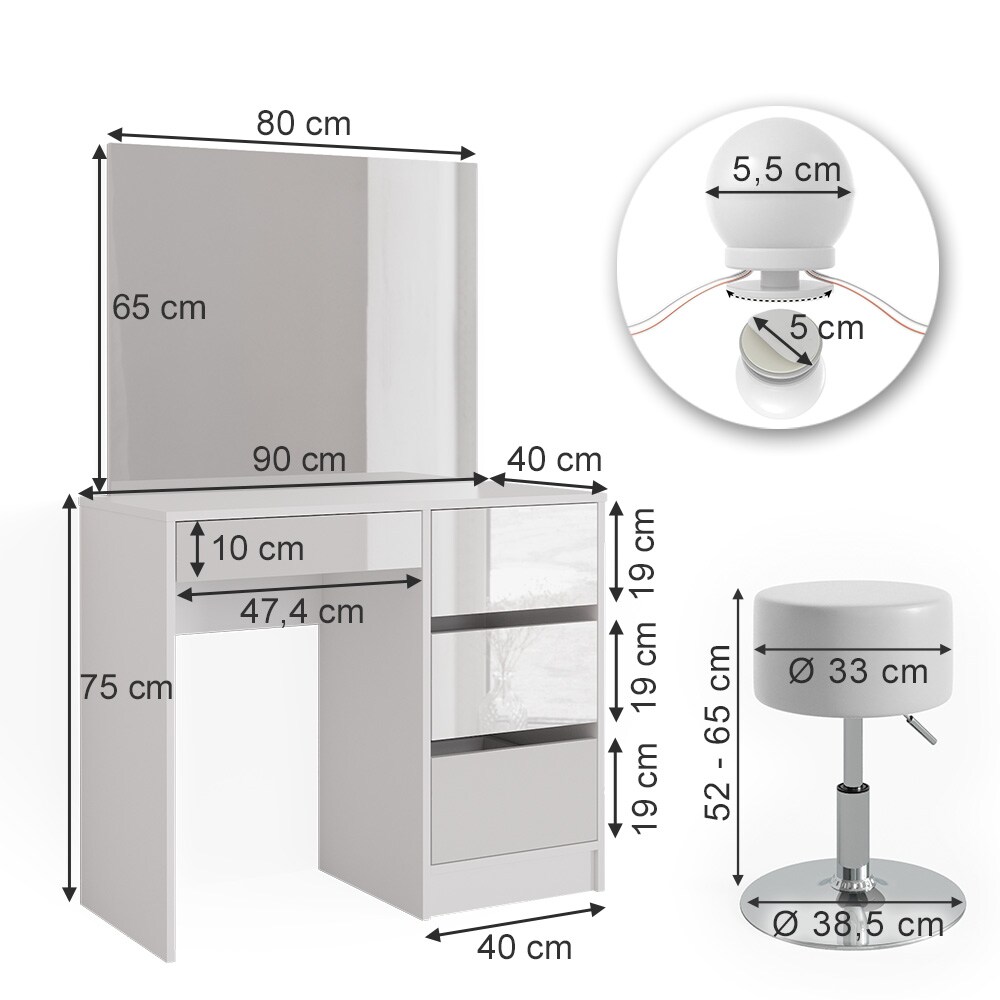 Vicco Schminktisch Frisiertisch Frisierkommode Sherry Weiß Schminkspiegel LED Hocker 90x75 cm modern Schlafzimmer Kommode Schublade Ablage Aufbewahrung Kosmetiktisch Make-Up-Tisch Hochglanz