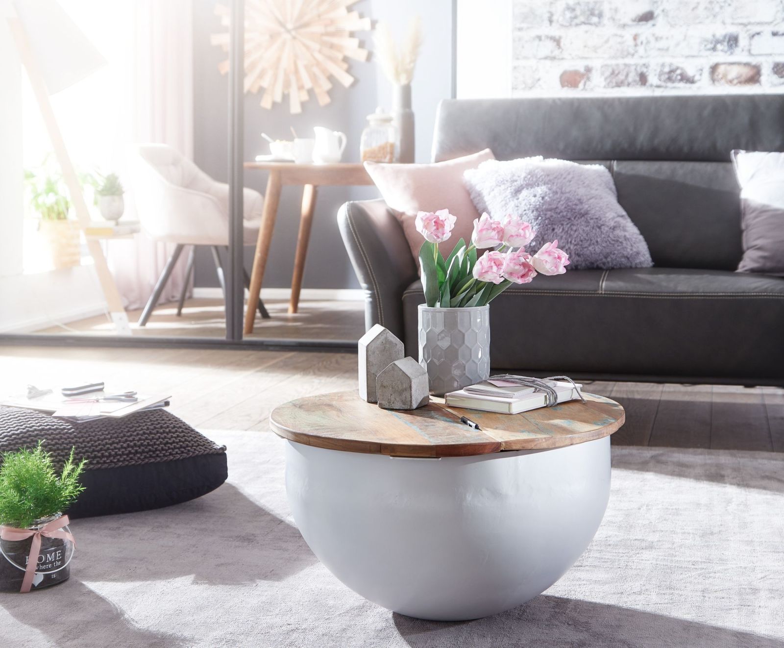Couchtisch - weiß-holzfarben - Mango massiv - Ø 60 cm