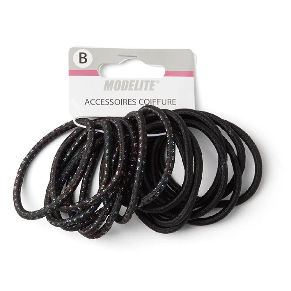 Lot de 15 élastiques à cheveux polyester noir et fil métallique multicolore