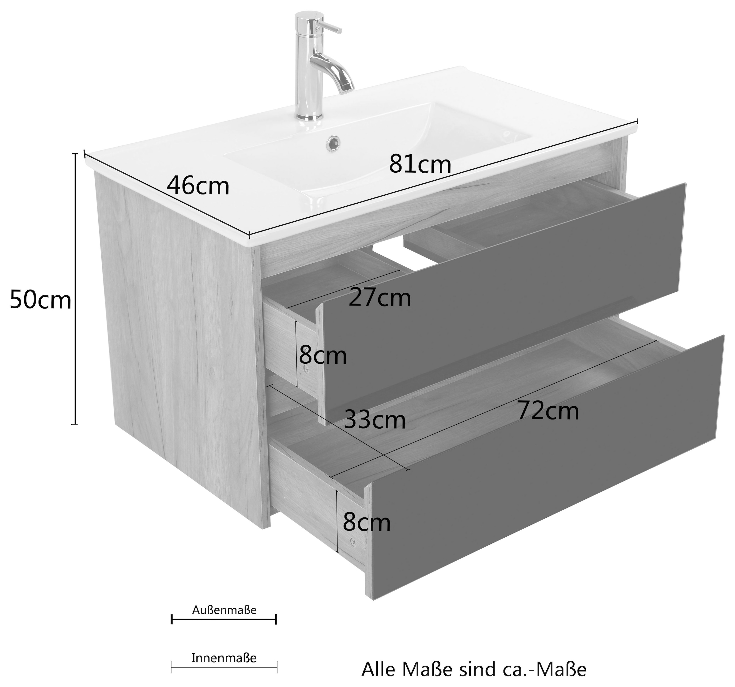 welltime Waschtisch »Torun Badezimmerschrank Unterschrank mit Glasfronten und Softclose« Set,  Waschplatz mit 2 Schubladen und Waschbecken Breite 80 cm