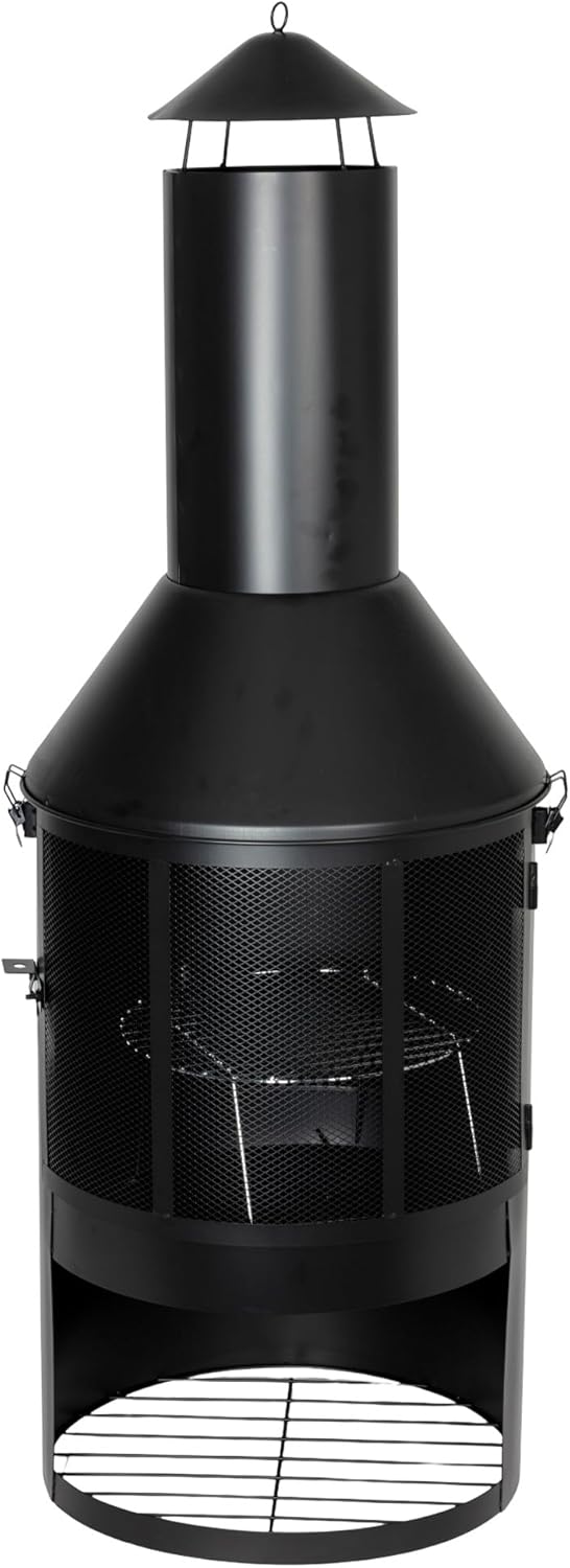 BURI Garten- und Terrassenkamin 134x45cm pulverbeschichtet Gartengrill Gartenkamin Feuerstelle Grill Grillrost Holzkohlegrill Kamin Outdoor Grillkamin Ofen Kaminofen für außen mit Gabel und Holzlager